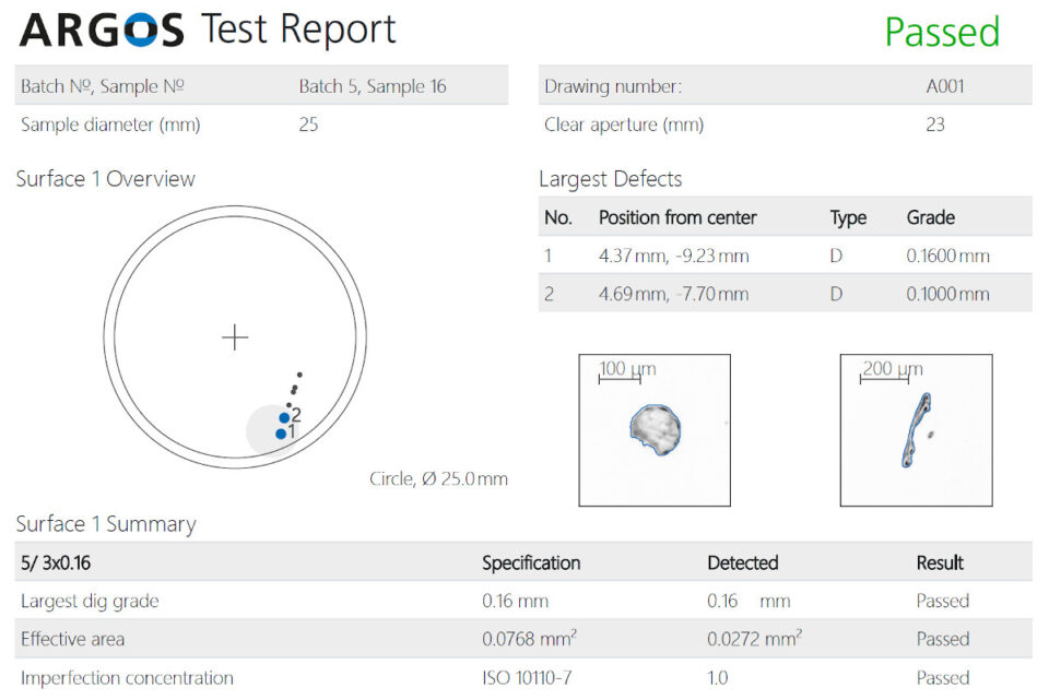 ARGOS matrix test report of surface inspection